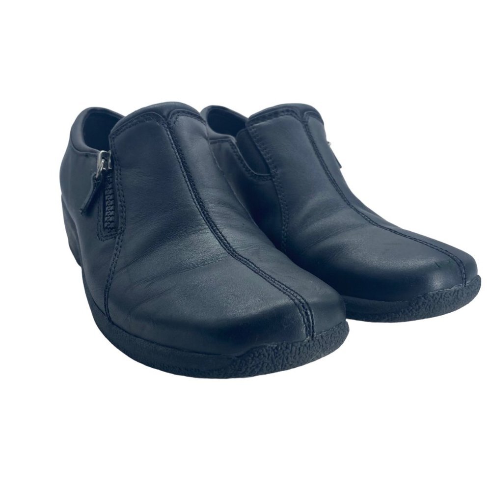 Clarks Comfort Loafers Women Size 7 Leather Black Side Zip Slip Comfort‎ 73885